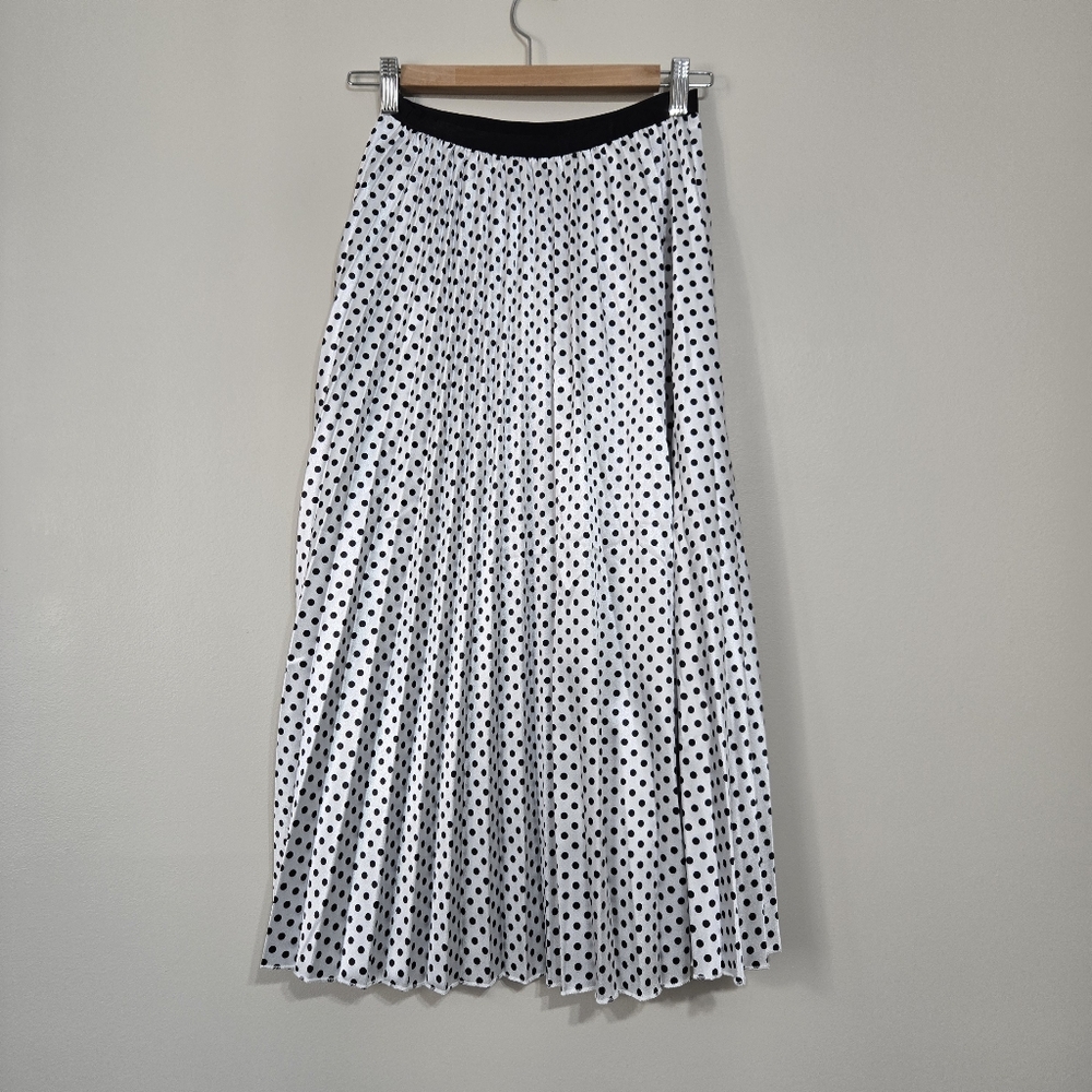 NWT JCL Women’s Black & White Polka Dot Pleated Midi Skirt Elastic Waist, S-M